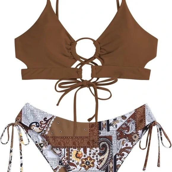 ZAFUL Women 2 Piece Swimsuit Spaghetti Strap Brazilian Bikini Lace Up High Cut - Picture 2 of 9